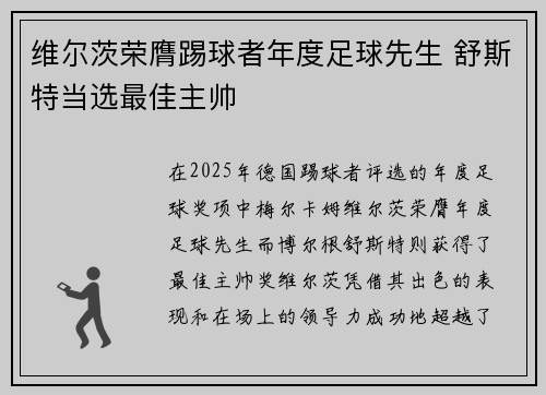 维尔茨荣膺踢球者年度足球先生 舒斯特当选最佳主帅